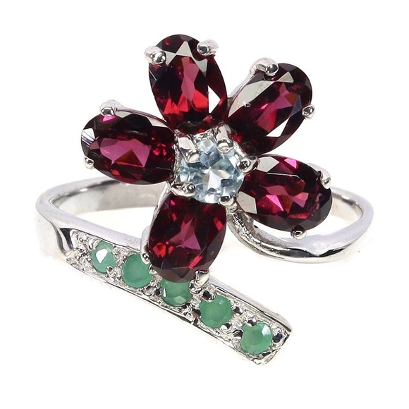 Exclusive Genuine Garnet Emerald & Topaz Ring